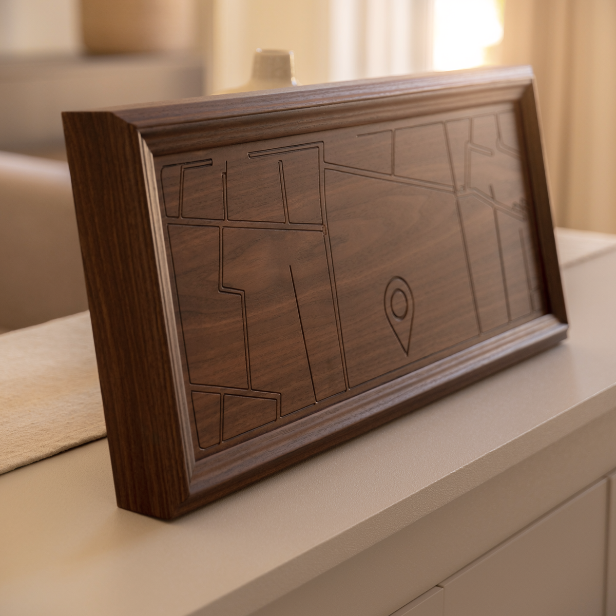Custom map heirloom sign angled view showing walnut thickness, beveled frame and unlabeled map engraving