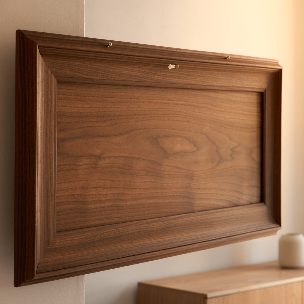 Custom map heirloom sign rear view showing finished walnut back and wall-hanging hardware