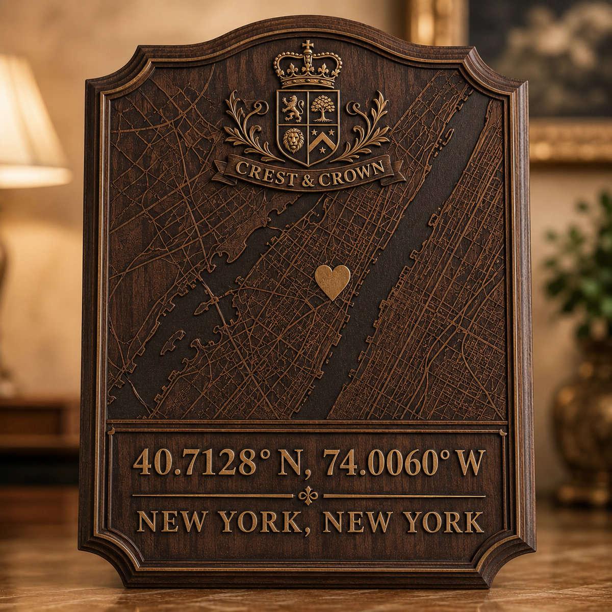 Personalized New York map and coordinates heirloom plaque