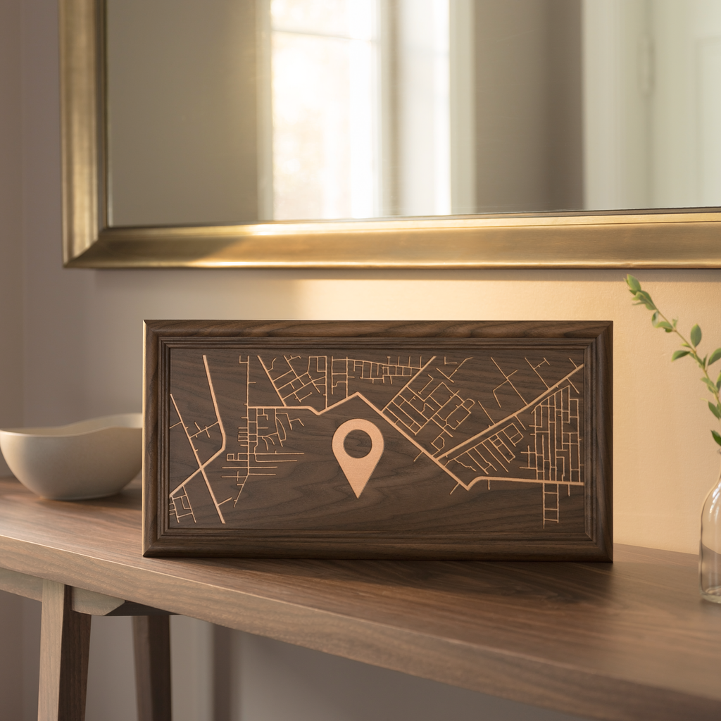 Dark walnut custom map heirloom sign displayed on a refined entryway console