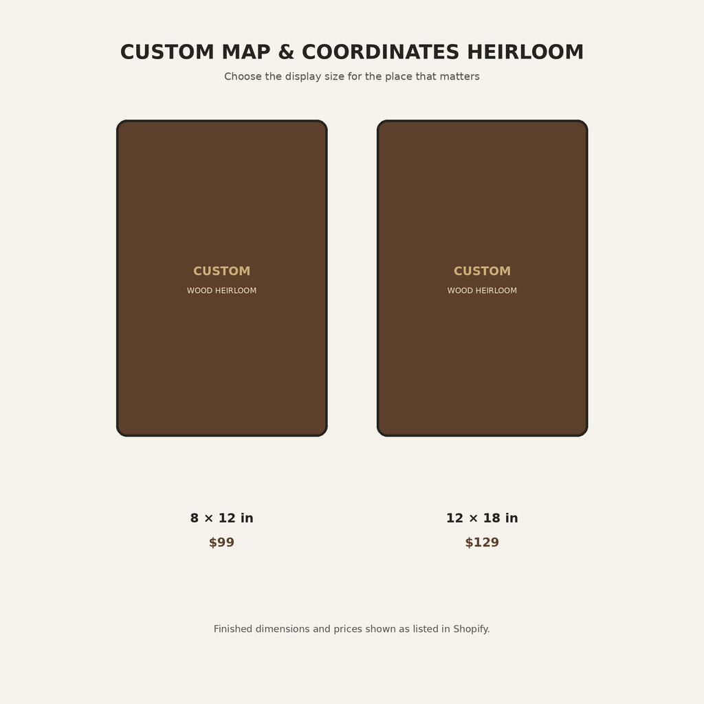 Custom map and coordinates heirloom sign size guide showing 8 by 12 and 12 by 18 inch options