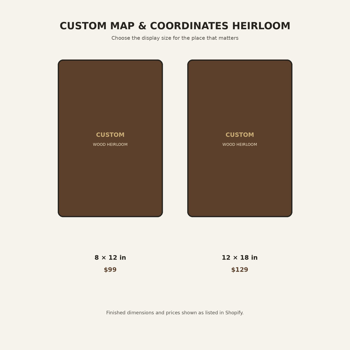 Custom map and coordinates heirloom sign size guide showing 8 by 12 and 12 by 18 inch options