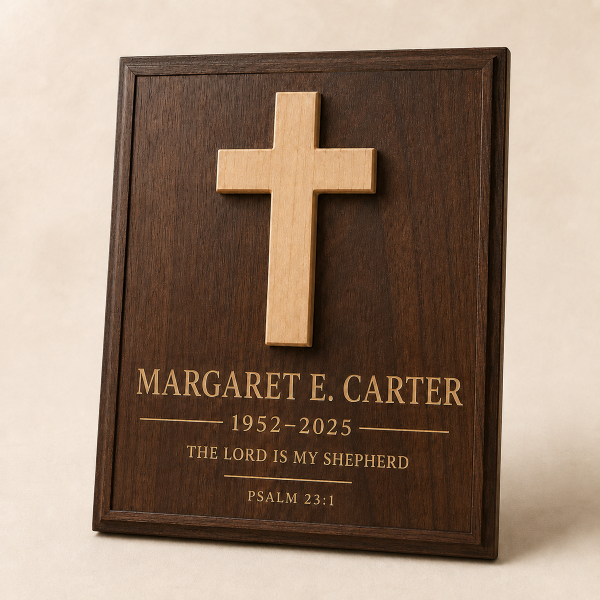 Alternate personalized memorial plaque with raised natural wood cross and Psalm inscription