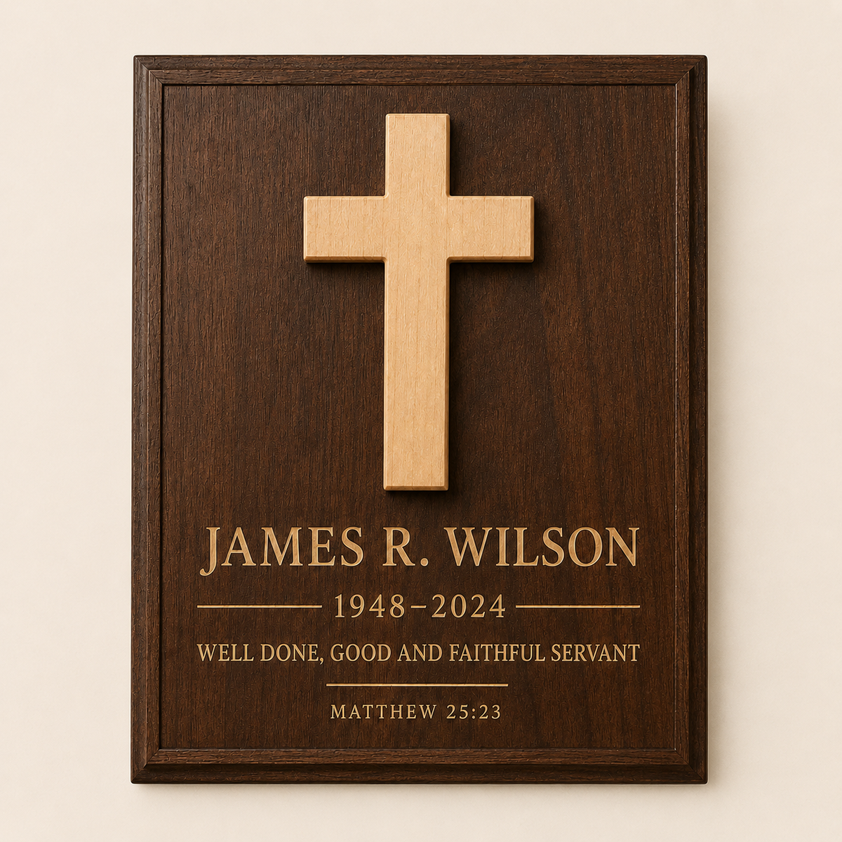 Straight-on view of personalized dark walnut memorial plaque with raised wood cross and engraved remembrance wording