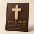 Personalized Christian memorial plaque in dark walnut with raised natural wood cross, name, dates and Scripture