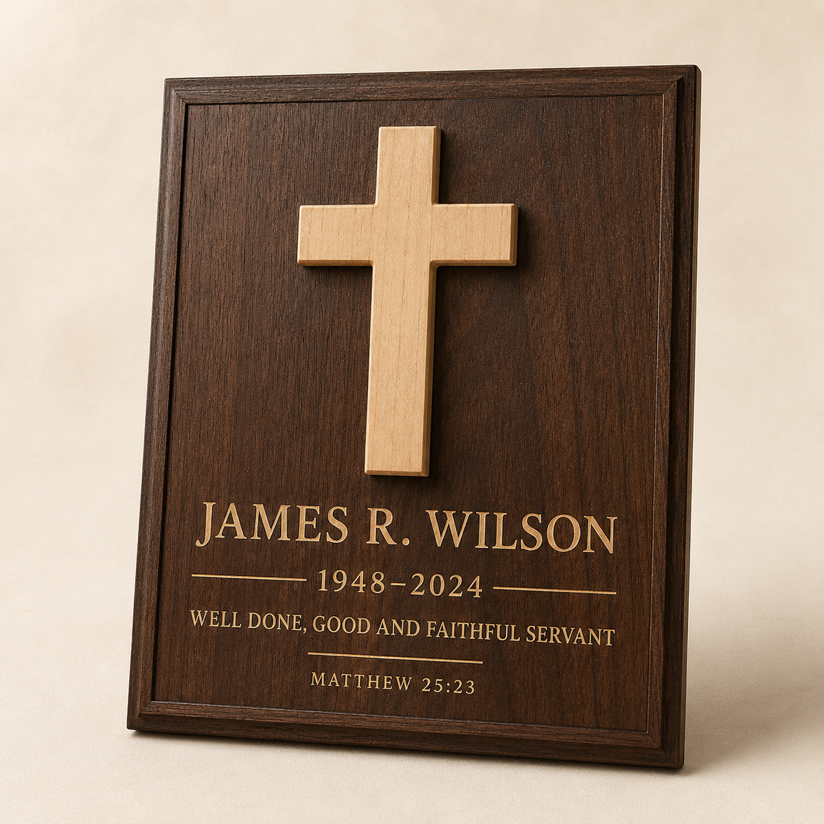 Personalized Christian memorial plaque in dark walnut with raised natural wood cross, name, dates and Scripture
