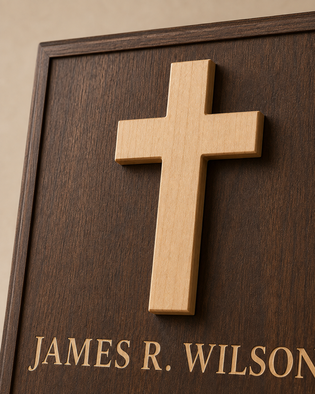 Close-up of raised natural wood cross appliqué and dark walnut layered memorial plaque construction