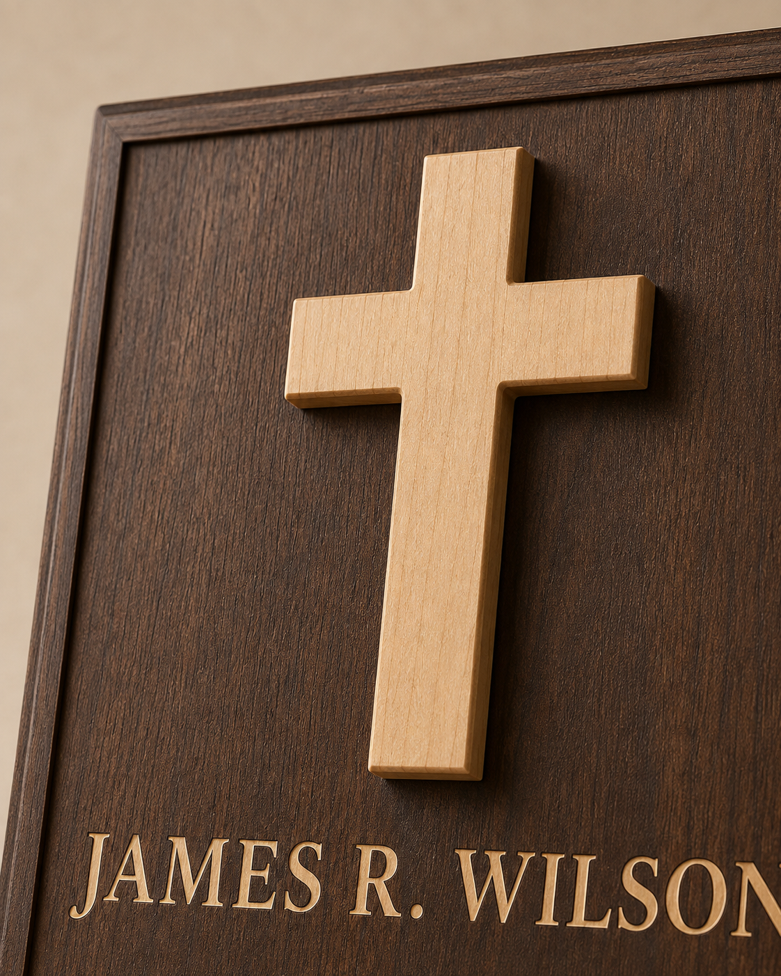Close-up of raised natural wood cross appliqué and dark walnut layered memorial plaque construction