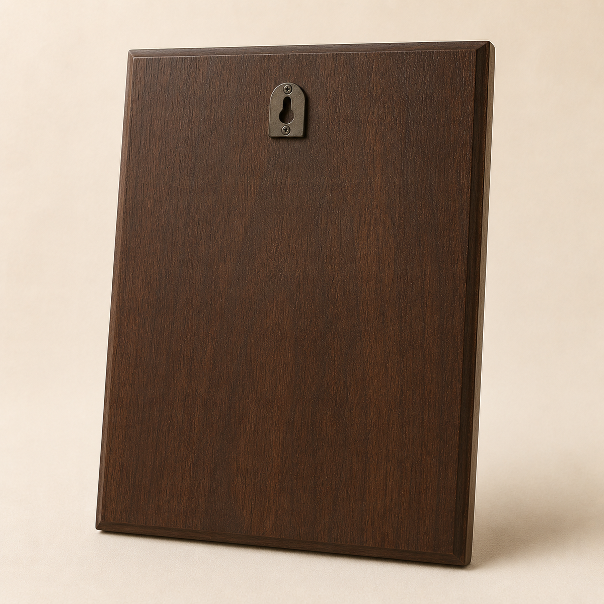 Rear view of dark walnut memorial plaque showing finished wood back and keyhole hanging hardware