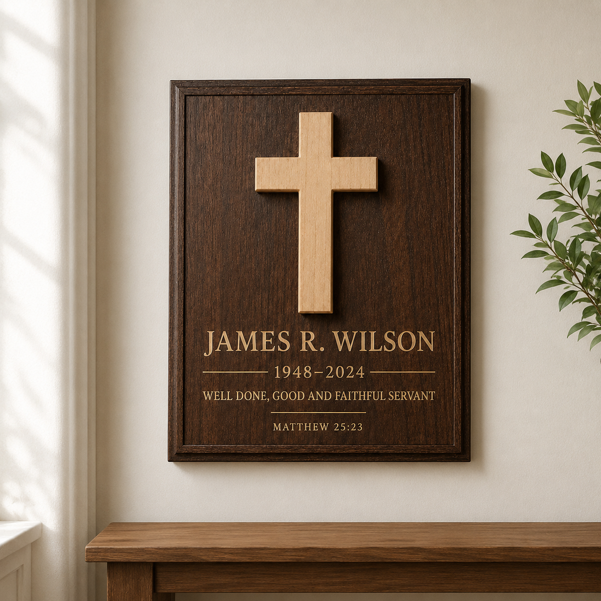 Personalized Christian memorial cross plaque displayed on a neutral interior wall