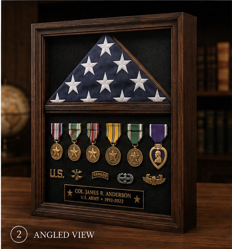 Angled view of personalized military flag and medal shadow box showing dimensional wood frame