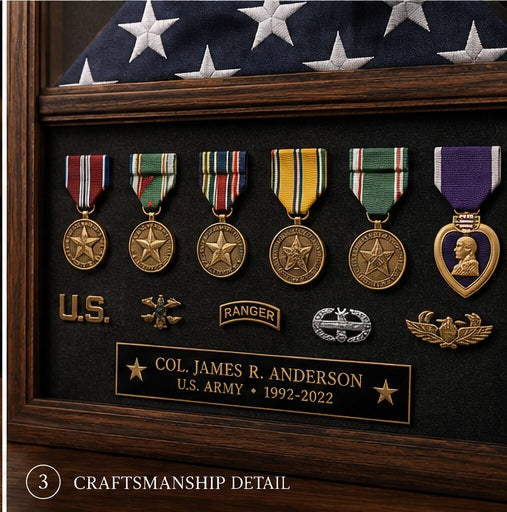 Close-up craftsmanship detail of military medals, insignia, folded flag and engraved service nameplate