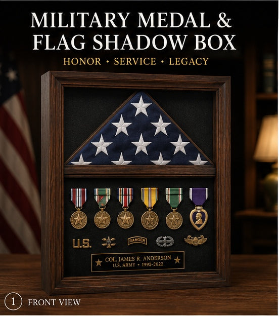 Personalized military medal and folded flag shadow box in dark walnut, front view