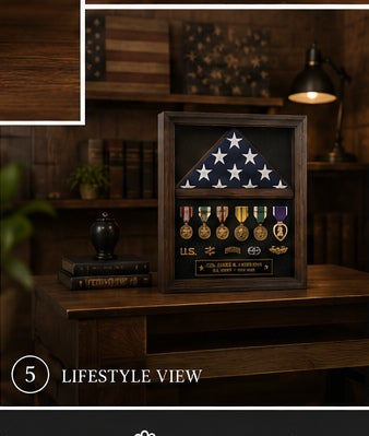 Personalized military service shadow box displayed in a warm home study setting