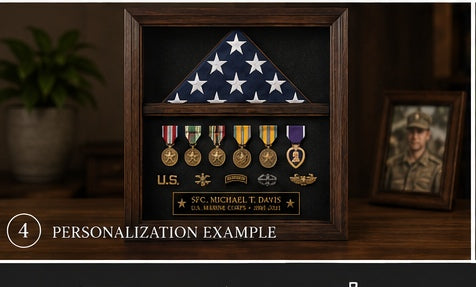 Military shadow box personalization example with name, rank, branch and service dates