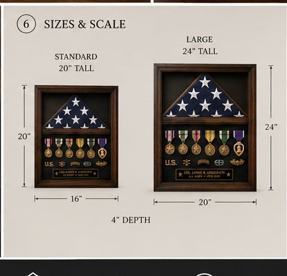 Military shadow box size comparison showing Standard approximately 16 by 20 inches and Grand approximately 20 by 24 inches