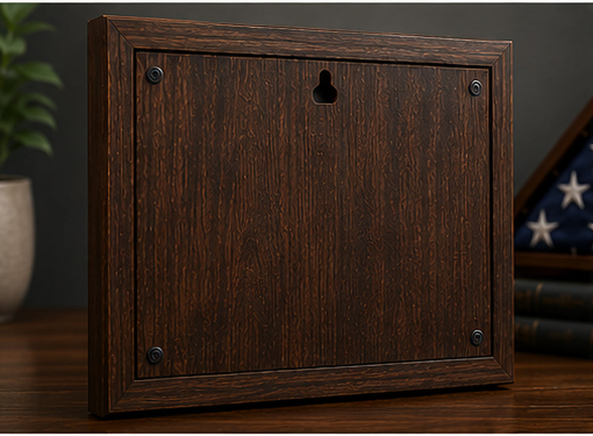 Back view and hanging hardware of personalized solid wood military tribute plaque