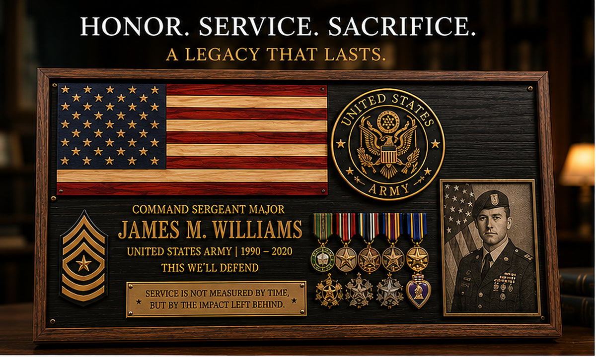 Personalized military service and retirement tribute plaque with full-color flag, insignia, medals and grayscale laser-engraved portrait