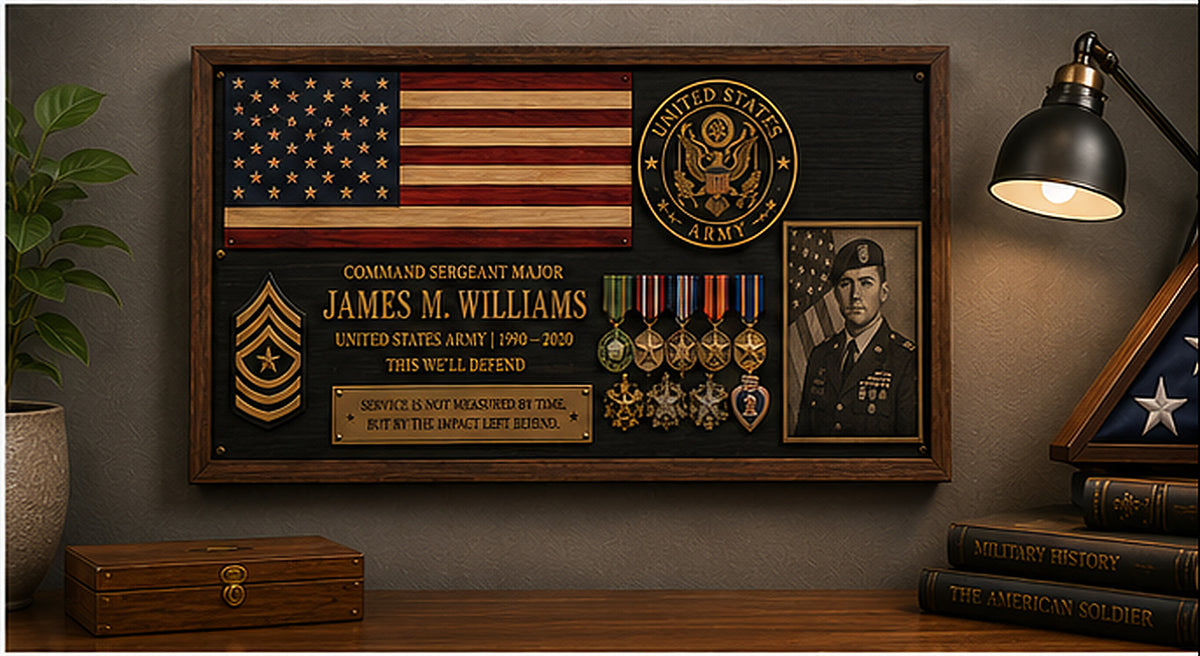 Personalized military service tribute plaque with grayscale engraved portrait displayed in a refined home or office setting