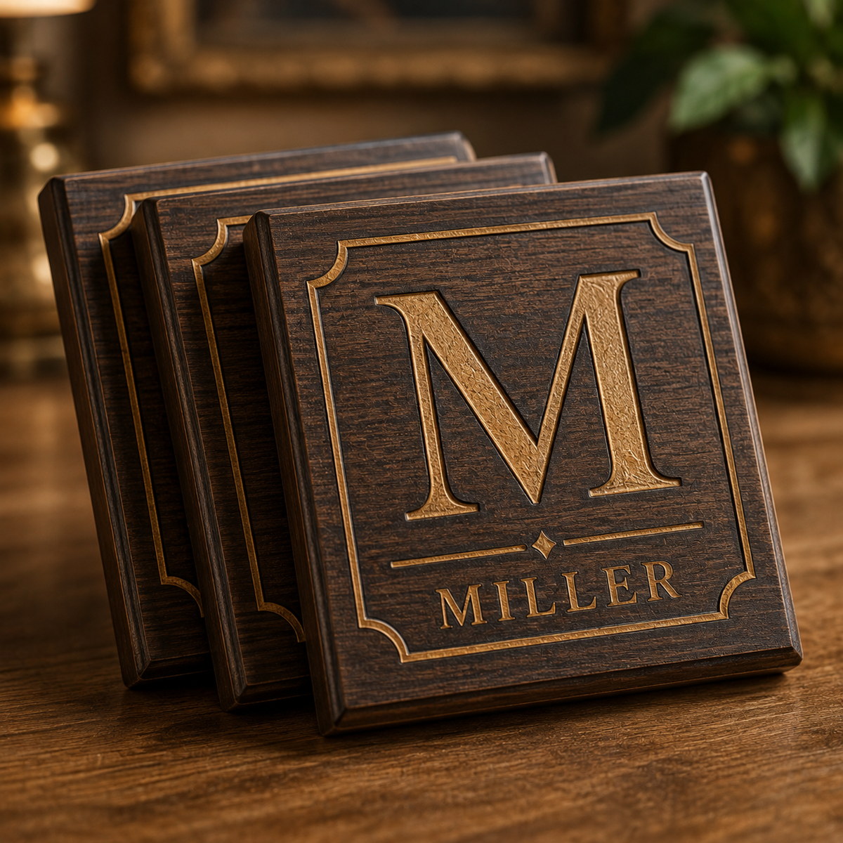 Personalized Miller monogram wood coaster set