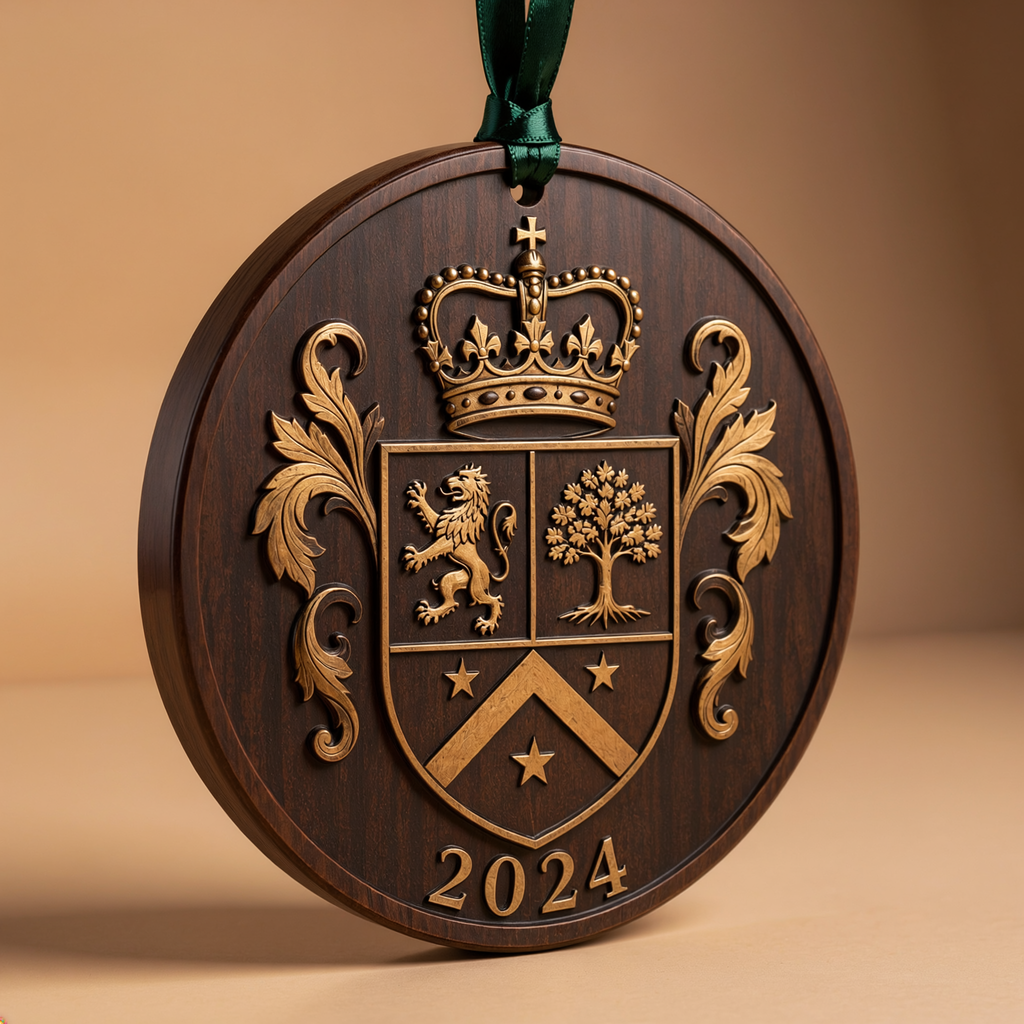 Family crest ornament three-quarter angle showing dark walnut thickness, beveled edge and ribbon hole