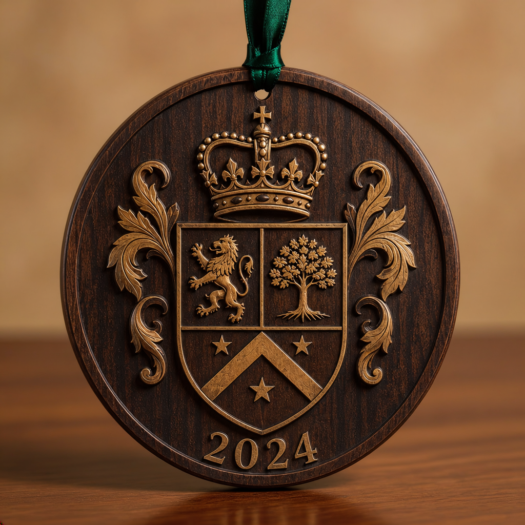 Close-up family crest ornament showing crisp heraldic carving, walnut grain and readable 2024 year