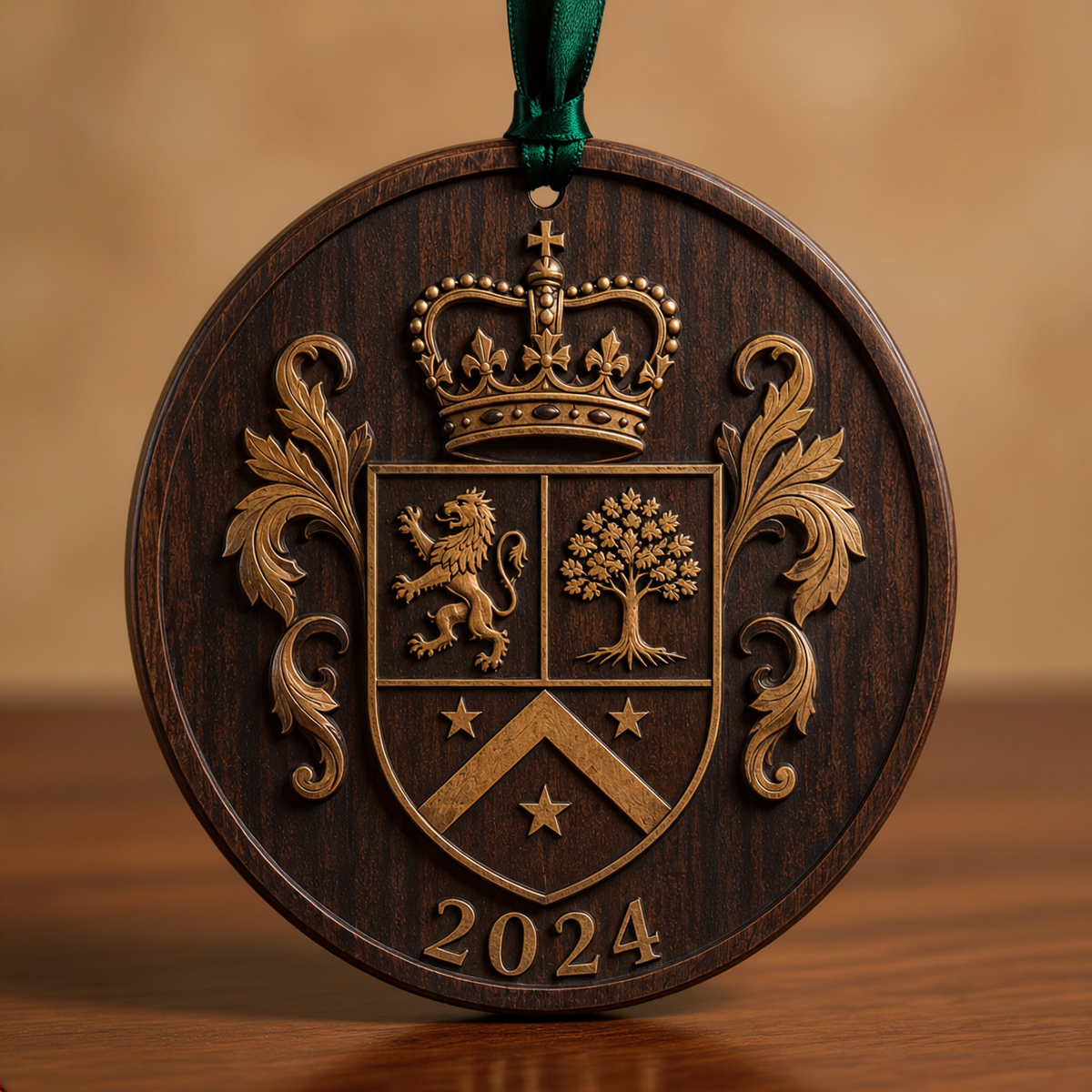 Close-up family crest ornament showing crisp heraldic carving, walnut grain and readable 2024 year