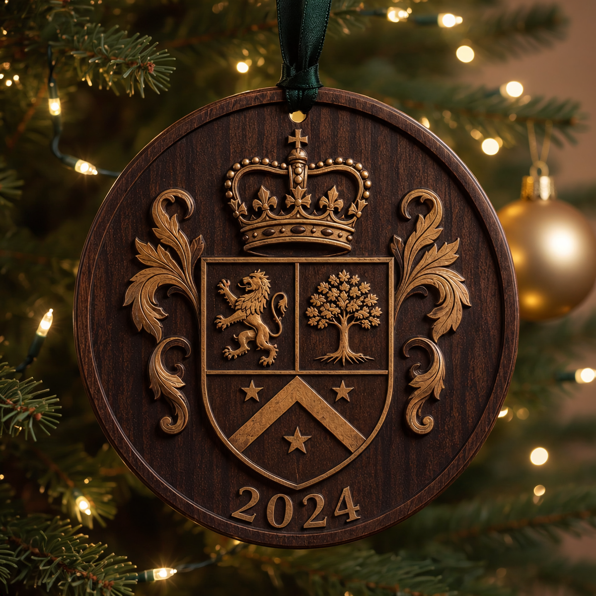 Personalized dark walnut family crest ornament hanging on an elegant Christmas tree