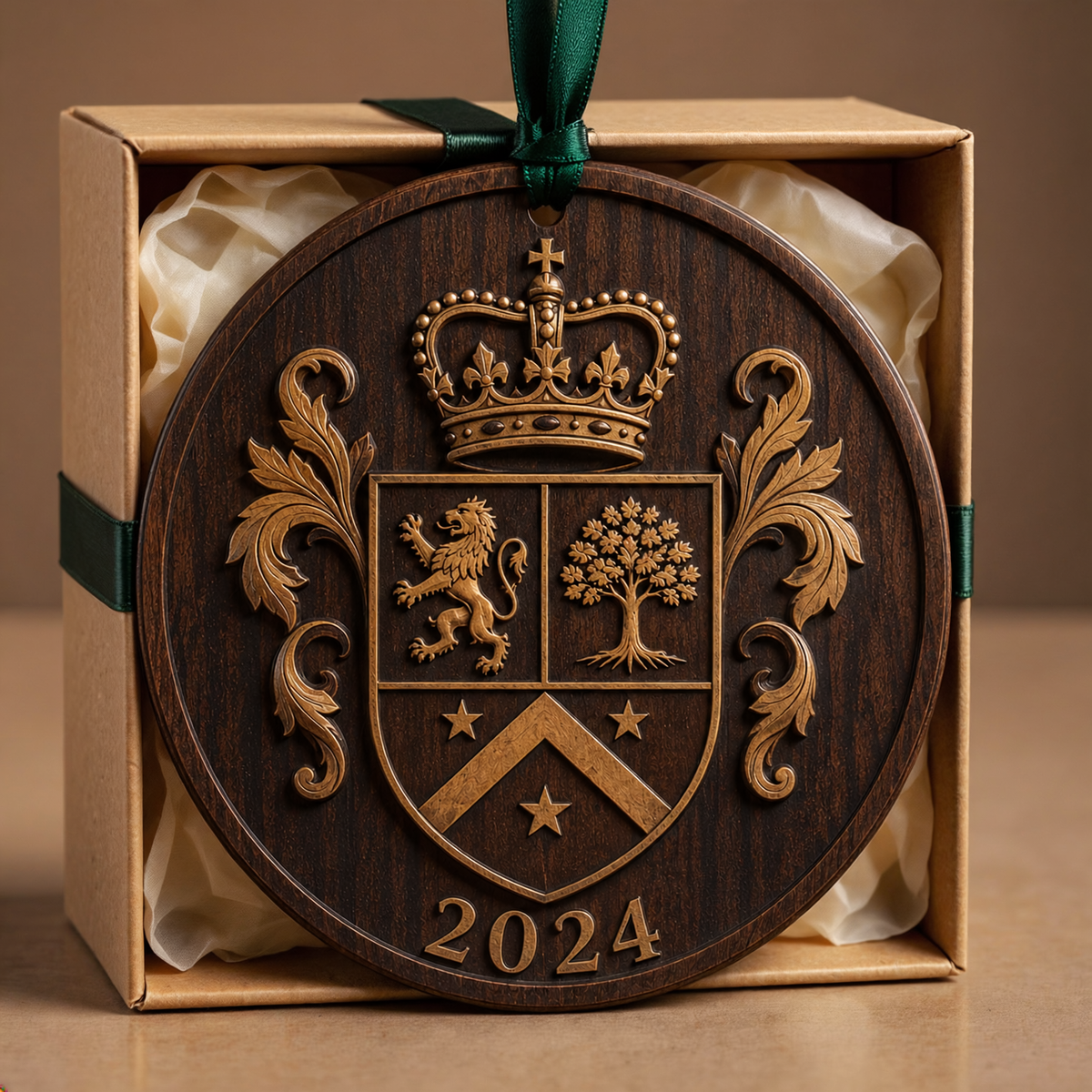 Family crest ornament in fitted kraft gift packaging with cream tissue and dark green ribbon