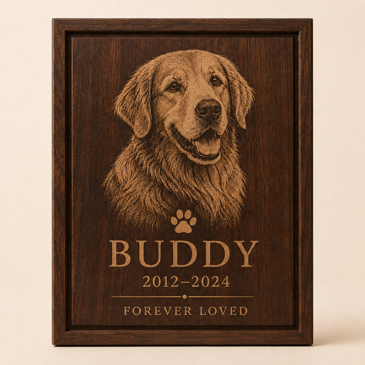 Straight-on view of personalized Buddy pet memorial plaque with engraved portrait, dates and remembrance message