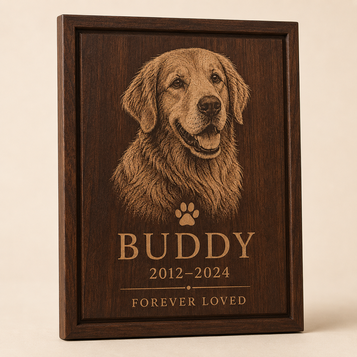 Personalized dark walnut pet memorial plaque engraved with a golden retriever portrait, Buddy name and remembrance dates