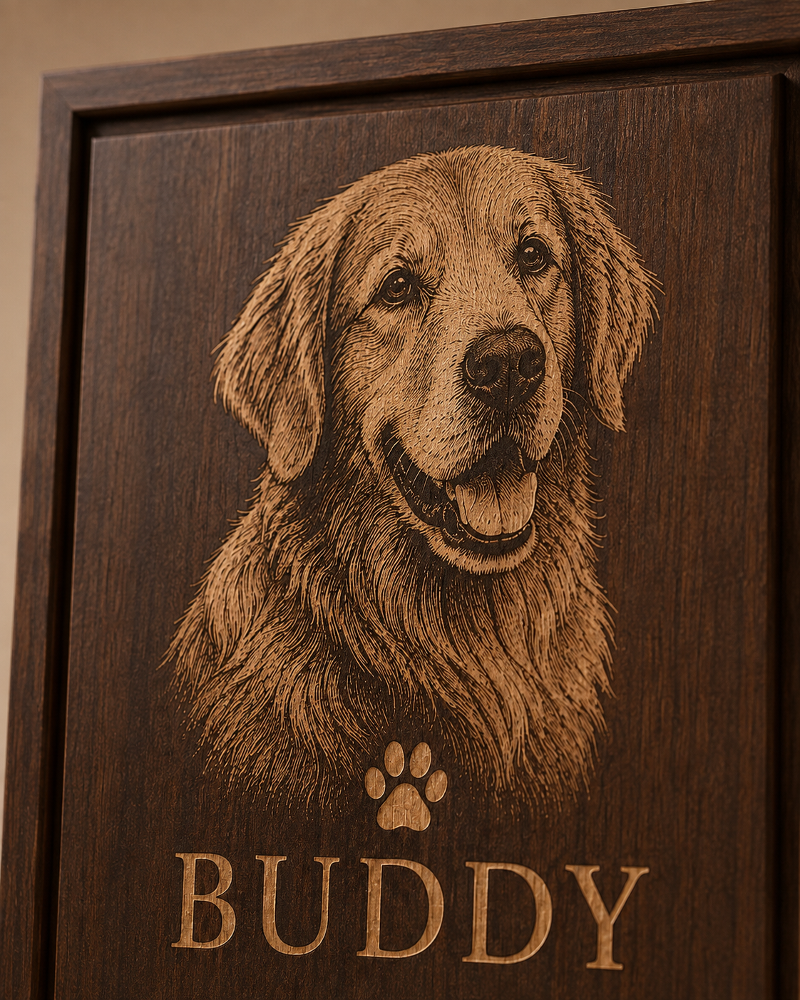 Close-up of laser engraved golden retriever portrait and dark walnut wood grain on personalized pet memorial plaque