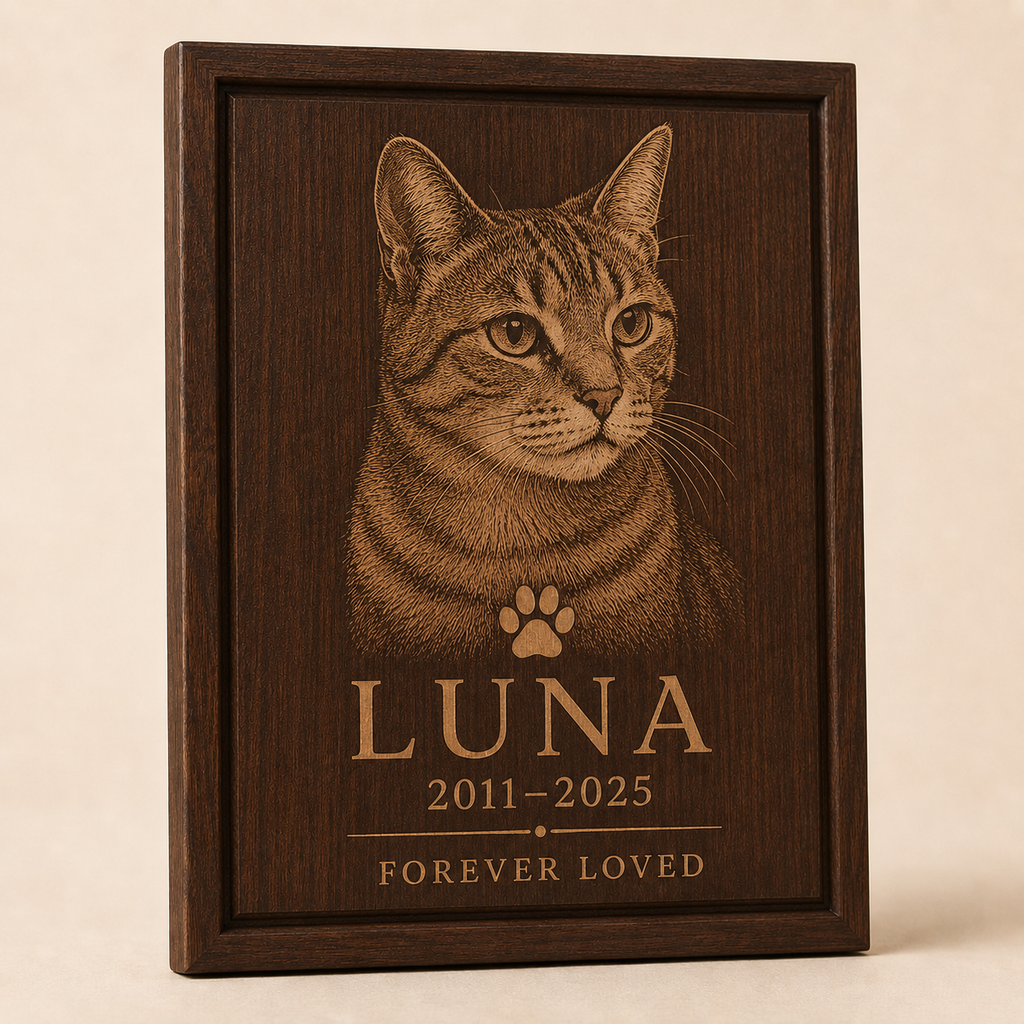 Personalized Luna cat memorial plaque in dark walnut with engraved portrait, dates and remembrance message