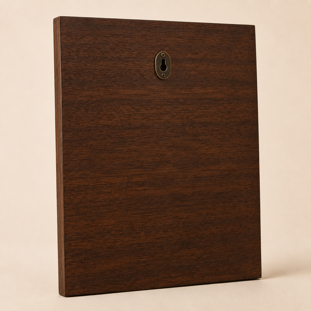 Rear view of dark walnut pet memorial plaque showing finished wood back and keyhole hanging hardware