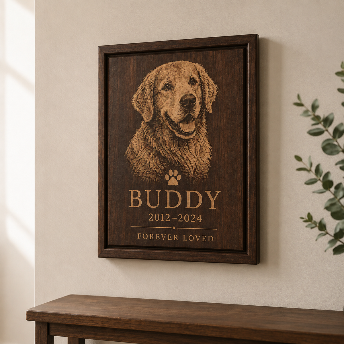 Personalized Buddy pet memorial plaque displayed on a neutral interior wall