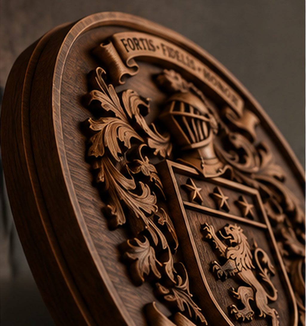 Angled close view showing physical depth of premium dimensional family crest