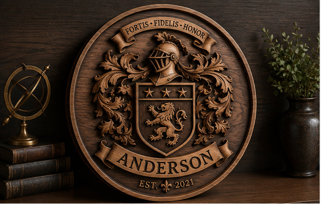 Premium dimensional wood family crest relief hero view