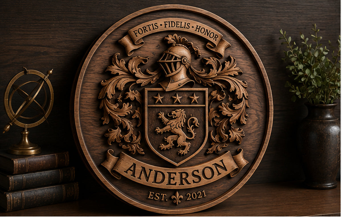 Premium dimensional wood family crest relief hero view