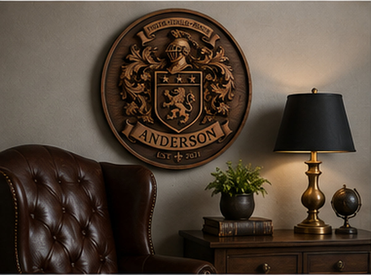 Premium dimensional family crest displayed in a refined study