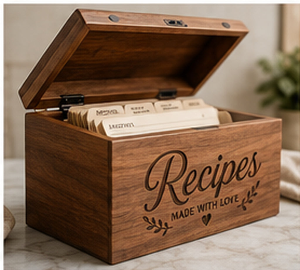 Angled open view of personalized wooden recipe box and recipe card dividers