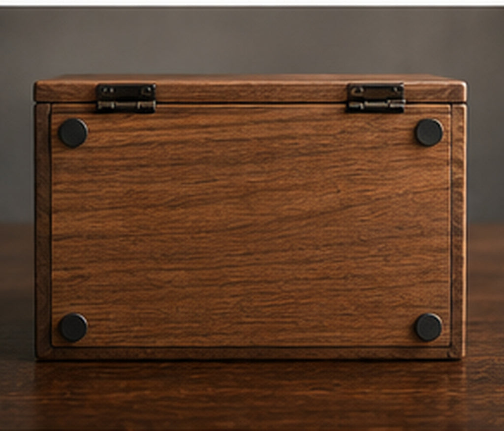 Rear and underside construction detail of wooden recipe box