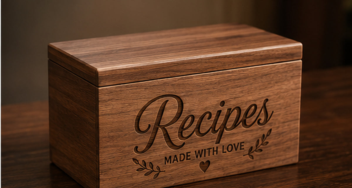 Closed personalized wooden family recipe box front view