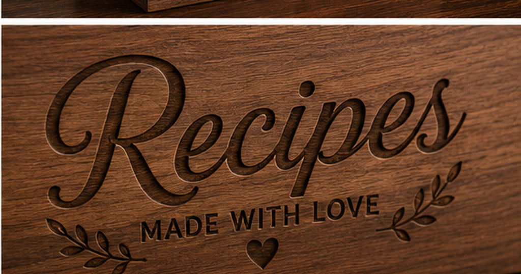 Close-up of engraved lettering and walnut grain on personalized recipe box