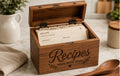 Open personalized walnut family recipe box with organized recipe cards