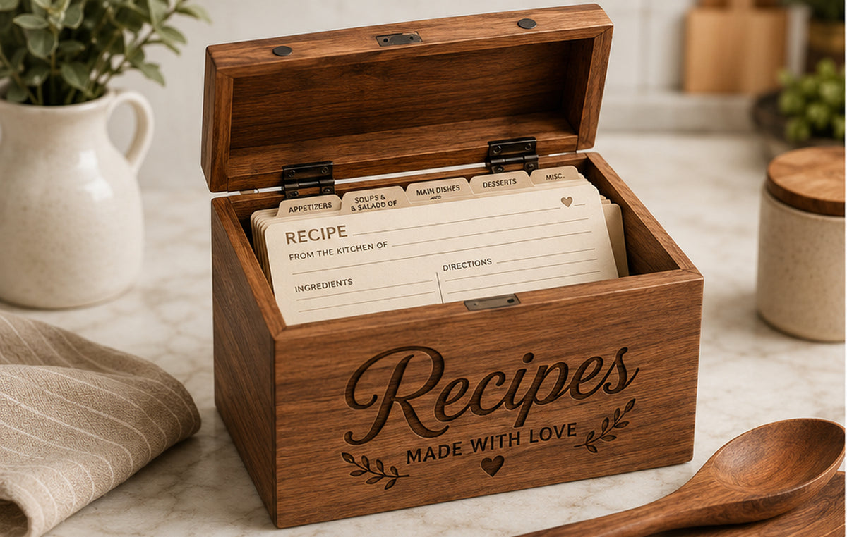 Open personalized walnut family recipe box with organized recipe cards