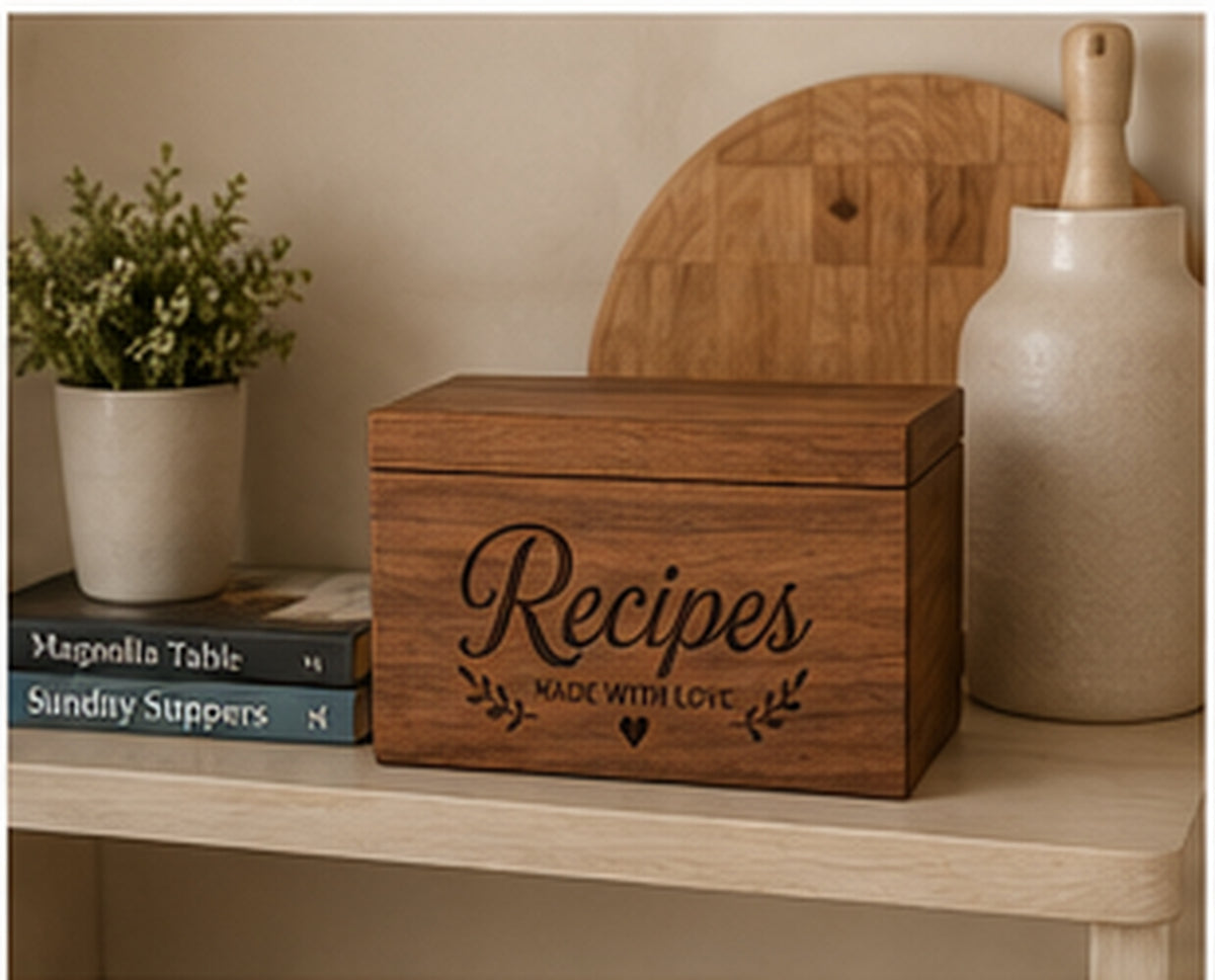 Personalized wooden recipe box displayed in a warm kitchen setting