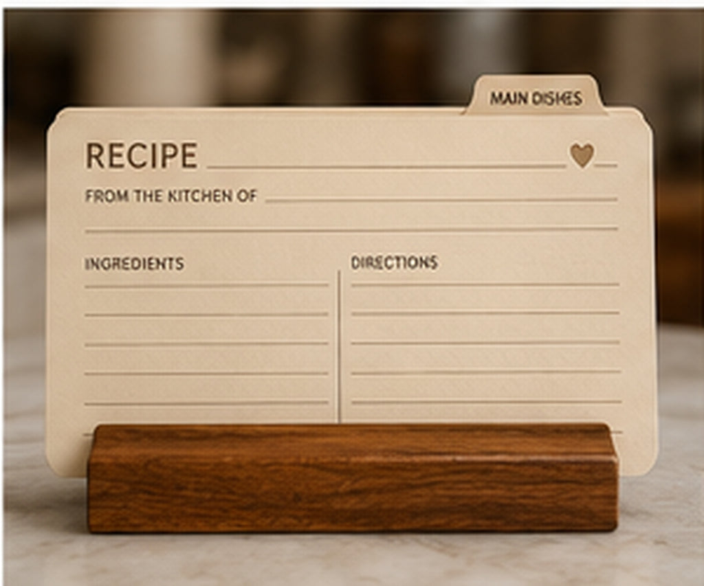 Recipe card and wooden card holder detail from personalized family recipe box