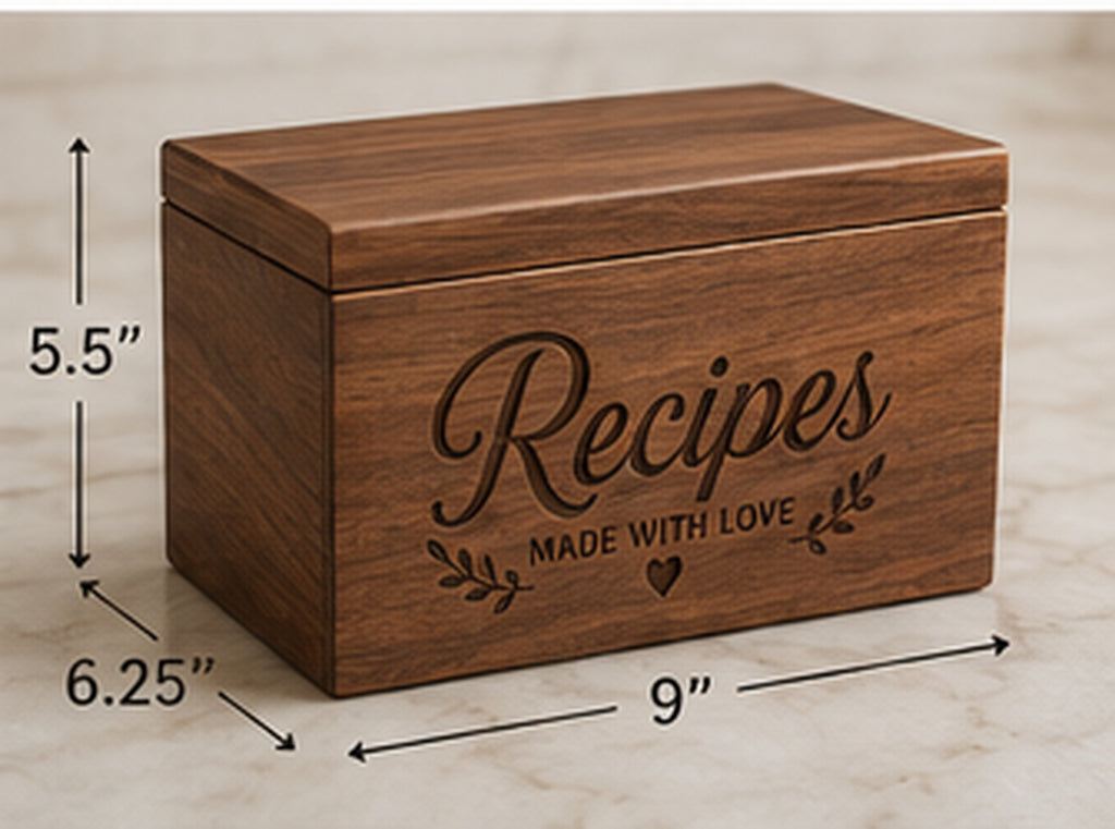 Personalized family recipe box size reference product view