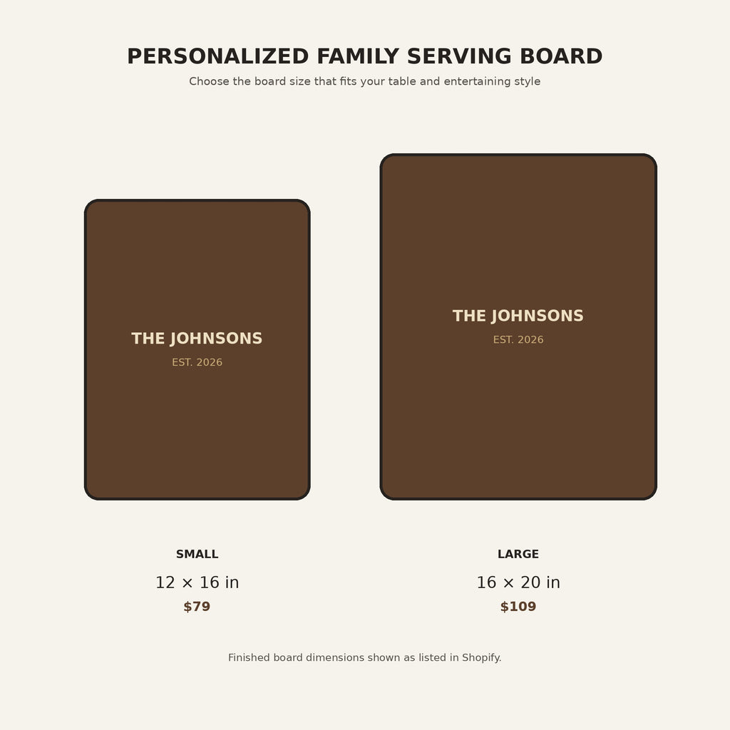 Personalized family serving board size guide showing 12 by 16 inch and 16 by 20 inch options