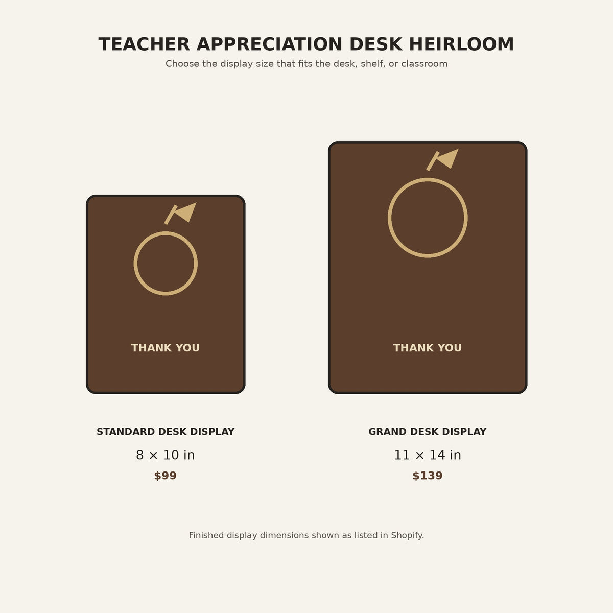 Teacher appreciation desk heirloom size guide showing 8 by 10 and 11 by 14 inch options